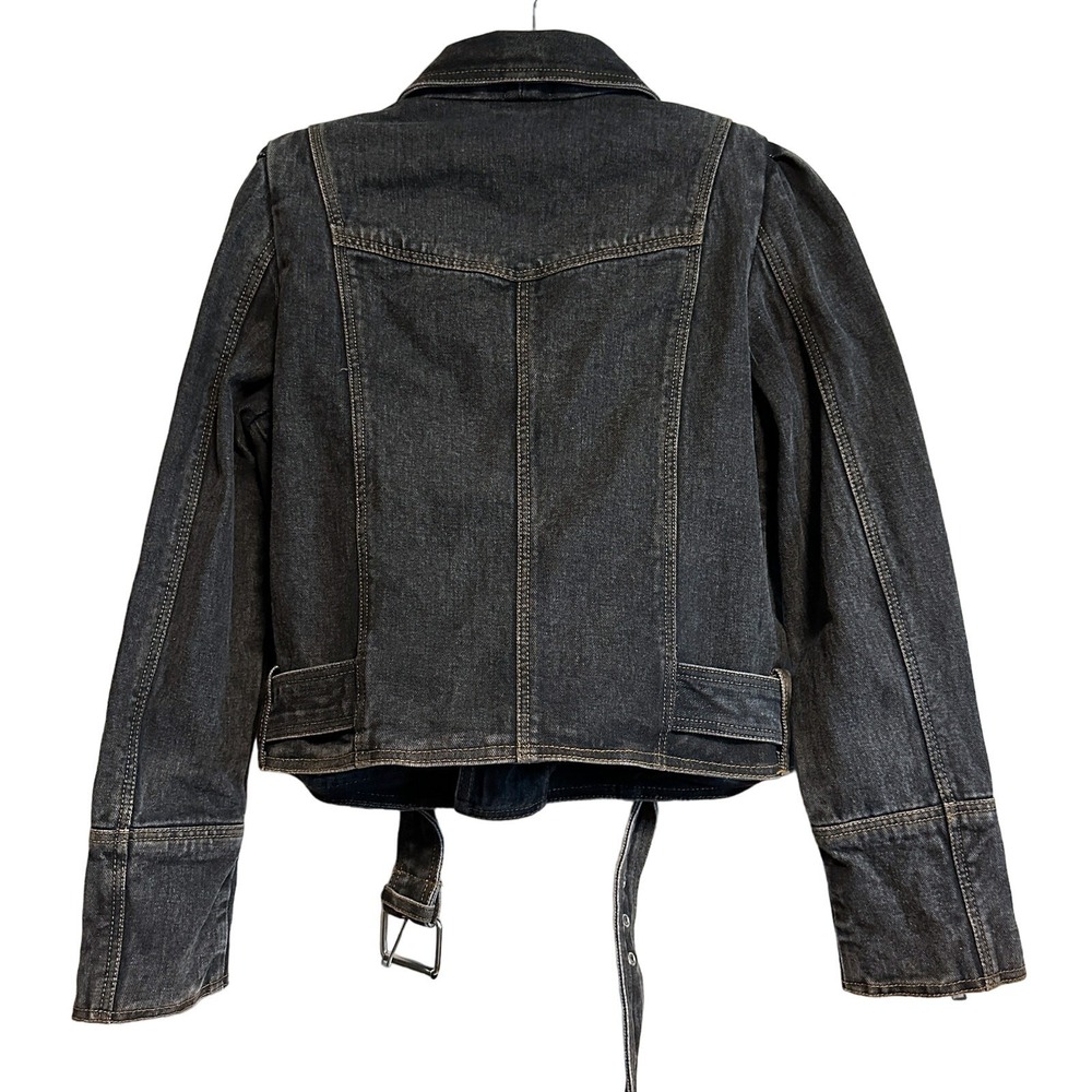 Manoush Denim Biker Jacket Motorcycle Washed Black Belted Size 40 US 8 - Picture 2 of 14